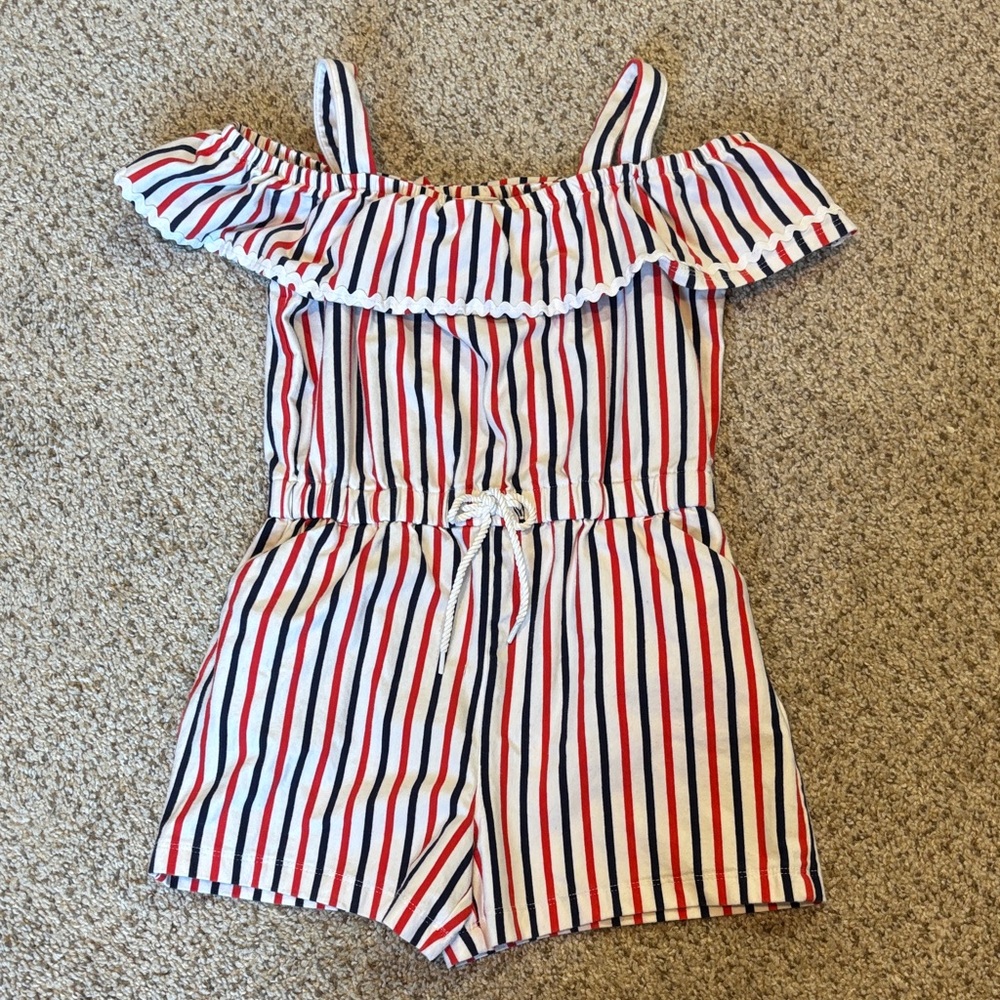 Janie & Jack Striped Off the Shoulder Romper Size 6 | Ruffle | Stripes | Pockets